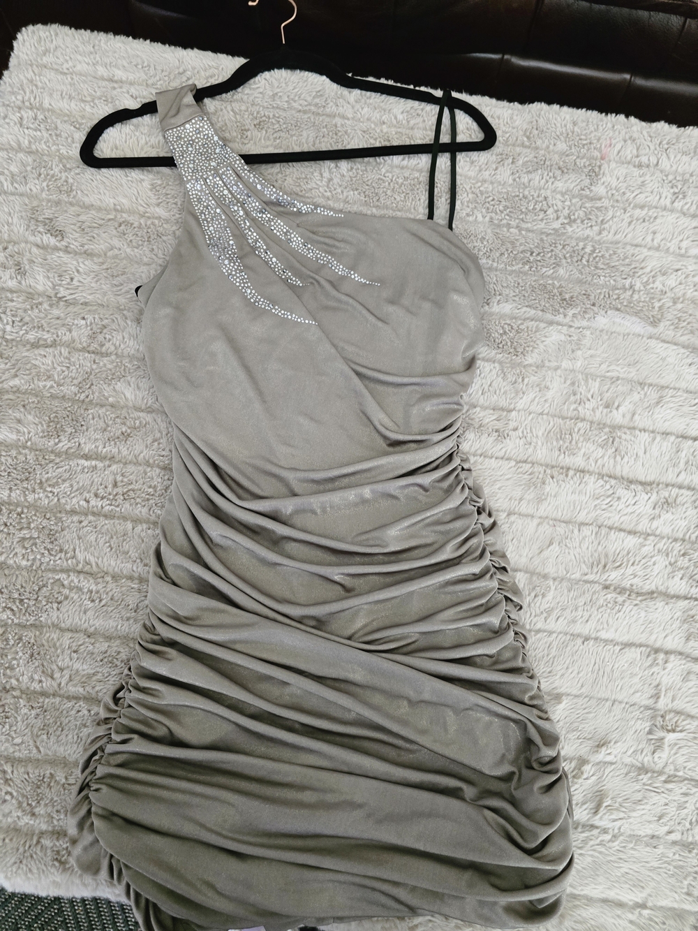 City Triangles One-Shoulder Ruched Silver Dress with Rhinestone Detail